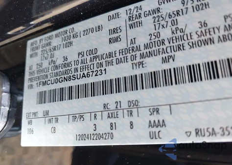 2025 Ford Escape Active z USA, uszkodzony, nr VIN 1FMCU0GN8SUA67231